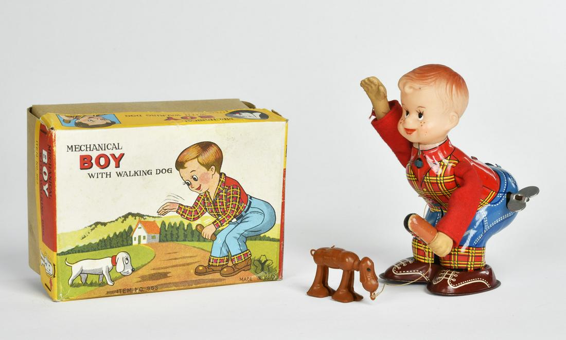 Boy with walking dog: Boy with walking dog, Japan, 15 cm, Blech, UW ok, Okt. Z 2, Z 2+