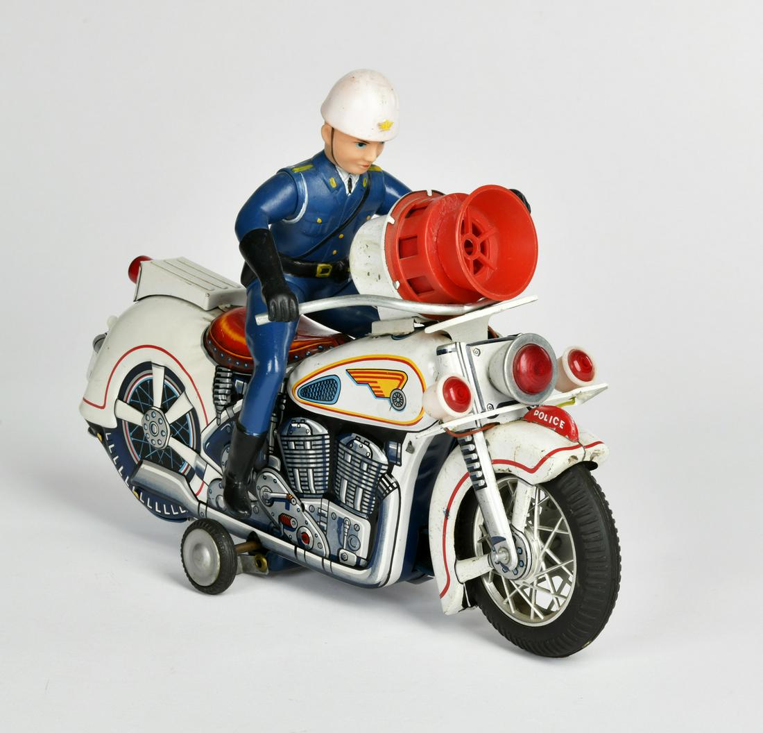 Masudaya, Police Motorrad: Masudaya, Police Motorrad, Japan, 30 cm, Blech, Bat. Antrieb ok, eine Lampe defekt, Z 2-