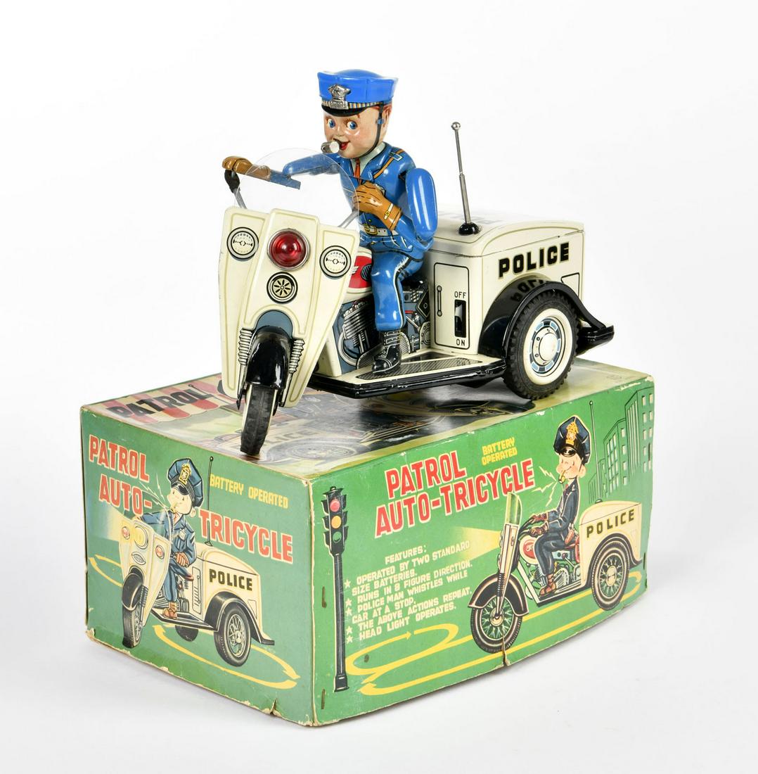 Nomura, Police Patrol Tricycle: Nomura, Police Patrol Tricycle, Japan, 26 cm, Blech, Bat. Antrieb ok, Okt Z 1-, Z 1-
