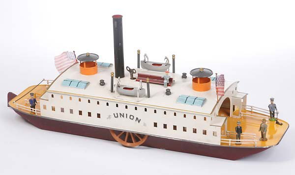 Bing: English: Bing, Ferry Boat, Germany prewar, tin, windup ok, very good original condition Deutsch: Bing, Fähre, Germany VK, 53 cm, Blech, Uhrwerk ok, sehr guter Originalzustand, (3505)