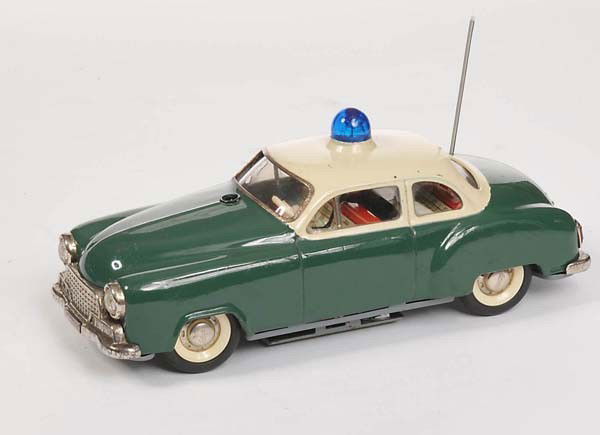 Schuco: English: Schuco, Alarm Car, W.-Germany, tin, drive defective, paint damage, battery case rusty, condition 3 Deutsch: Schuco, Alarm Car, W.-Germany, 21 cm, Blech, Antrieb defekt, Lackmängel, Batterief