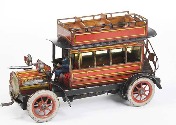 Guenthermann: English: Guenthermann, Bus, Germany prewar, tin, windup ok, paint damage, one pane foil loose, partially professionally restored Deutsch: Günthermann, Bus, Germany VK, 27 cm, Blech, Uhrwerk ok, Lackm