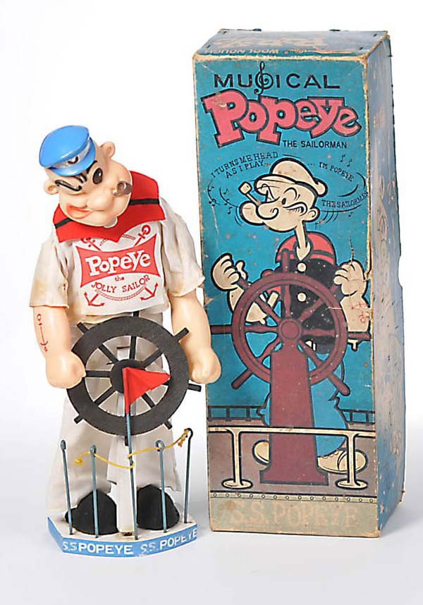 Woolikin: English: Woolikin, Musical Popeye, Japan, mixed material, function ok, original box condition 3+, with musical box, condition 1-, Deutsch: Woolikin, Musical Popeye, Japan, 41 cm, Gemischtbauweise, Fun