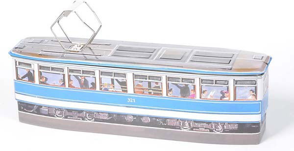 Laeckerlie: English: Laeckerlie-Huus, Tram as cookie jar, Switzerland, tin, original box, condition 1, Deutsch: Läkerlie-Huus, Straßenbahn als Keksdose, Switzerland, 30 cm, Blech, Okt, Z 1, (951)