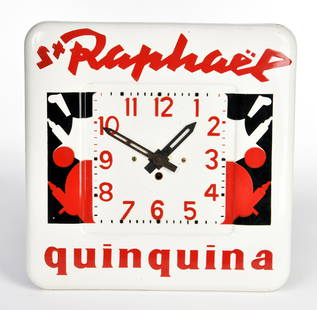 Charles Loupot fur St. Raphael Quinquina: Charles Loupot fur St. Raphael Quinquina, Werbetafel mit Uhr, emailliert, ohne Werk, von 1949, 40x40cm, min. LM