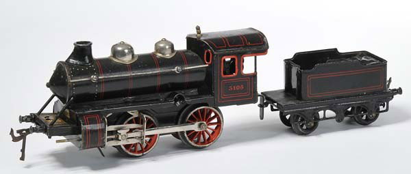 Bing: English: Bing, Loco and Tender, Germany prewar, gauge 0, tin, windup ok, paint damage, buffer minimal dented, condition 2 Deutsch: Bing, Lok mit Tender, Germany VK, Spur 0, 35 cm, Blech, Uhrwerk ok, L