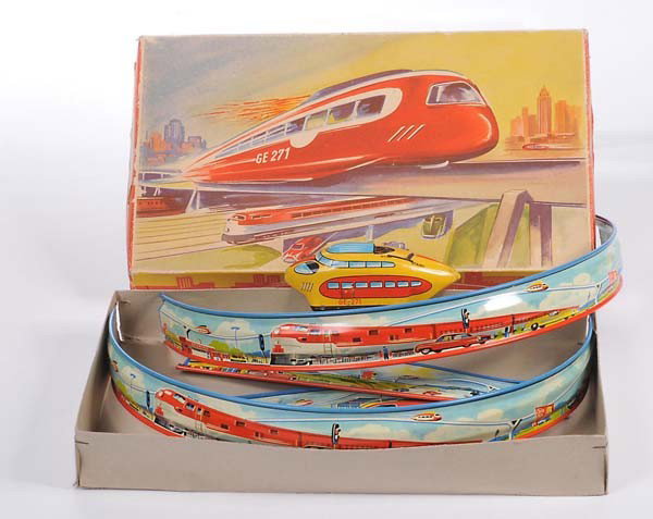 Technofix: English: Technofix, Rocket Rail 271, W.-Germany, tin, windup ok, original box condition 1-, condition 1- Deutsch: Technofix, Raketenbahn 271, W.-Germany, 52 cm, Blech, Uhrwerk ok, Okt Z 1-, Z 1-, (279