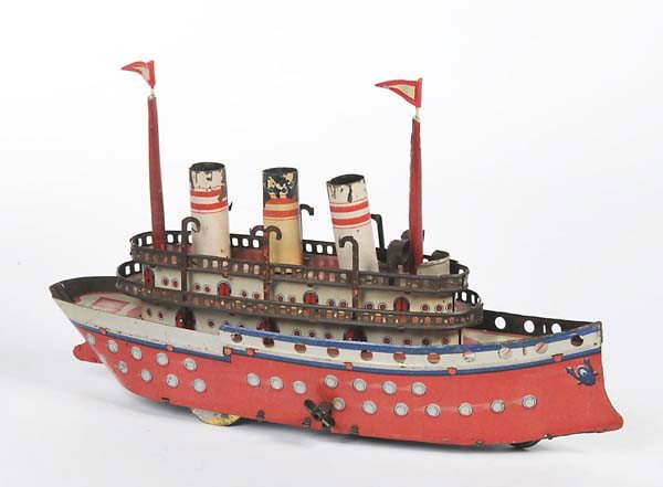 Reil/Orobr: English: Reil/Orobr, Ocean Steamer No 207, Germany prewar, tin, windup ok, paint damage on chimneys, flags repainted, mast original ?, otherwise good condition Deutsch: Reil/Orobr, Ozeandampfer Nr. 20