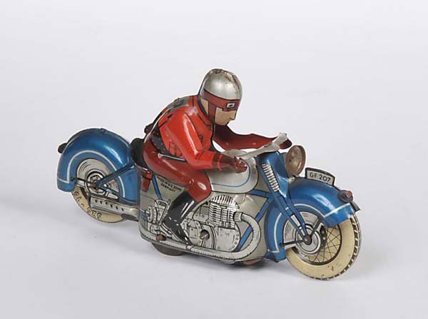 Fischer: English: Fischer, Motor Bike 207, US Zone Germany, tin, windup ok, paint damage, condition 2- Deutsch: Fischer, Motorrad 207, US Zone Germany, 13,5 cm, Blech, Uhrwerk ok, Lackmängel, Z 2-, (,540)