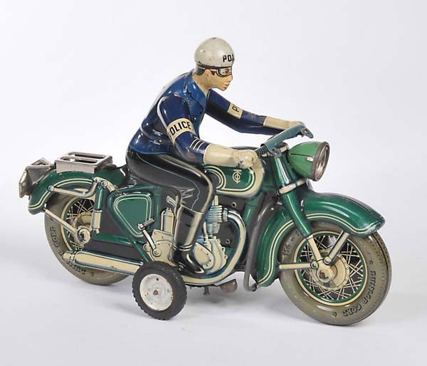 Tipp&Co: English: Tipp&Co, Police Motor Bike 598, tin, friction ok, paint damage, front shield missing, condition 2 Deutsch: Tipp&Co, Polizei- Motorrad 598, 28 cm, Blech, Friktion ok, min. Lackmängel, Windsch
