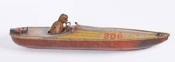 Kellermann: English: Kellermann, Big Racing Boat, Germany prewar, tin, paint damage, motor missing, condition 3 Deutsch: Kellermann, Großes Rennboot, Germany VK, 36 cm, Blech, Lackmängel, Motor fehlt, Z 3, 8350