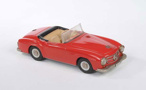 Schuco: English: Schuco, Mercedes SL (2095), W.-Germany, tin, windup ok, minimal paint damage, condition 2 Deutsch: Schuco, Mercedes SL (2095), 22 cm, W.-Germany, Blech, Uhrwerk ok, minimale Lackmängel, Z 2,
