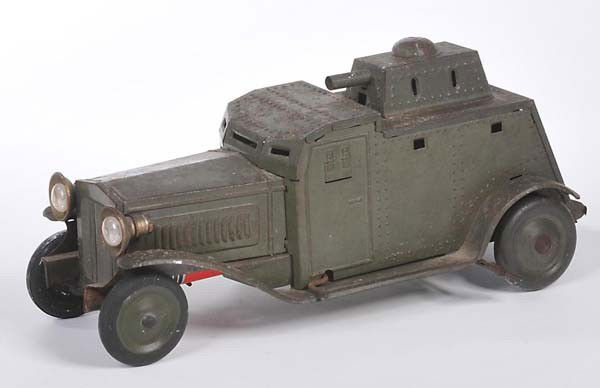 Bub: English: Bub, Armored Car 1930, tin, windup ok, paint damage, condition 3+ Deutsch: Bub, Panzerwagen 1930, 30 cm, Blech, Uhrwerk ok, Lackmängel, Z 3+, (2210)