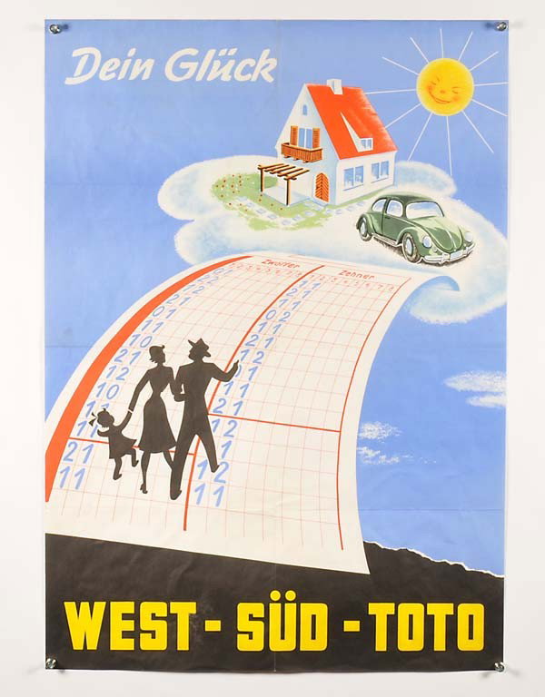 Poster: English: West- Sued- Toto Poster, wrinkels, otherwise good Deutsch: West- Süd- Toto Plakat, 60x 83 cm, Knickfalten, sonst gut, (1011)