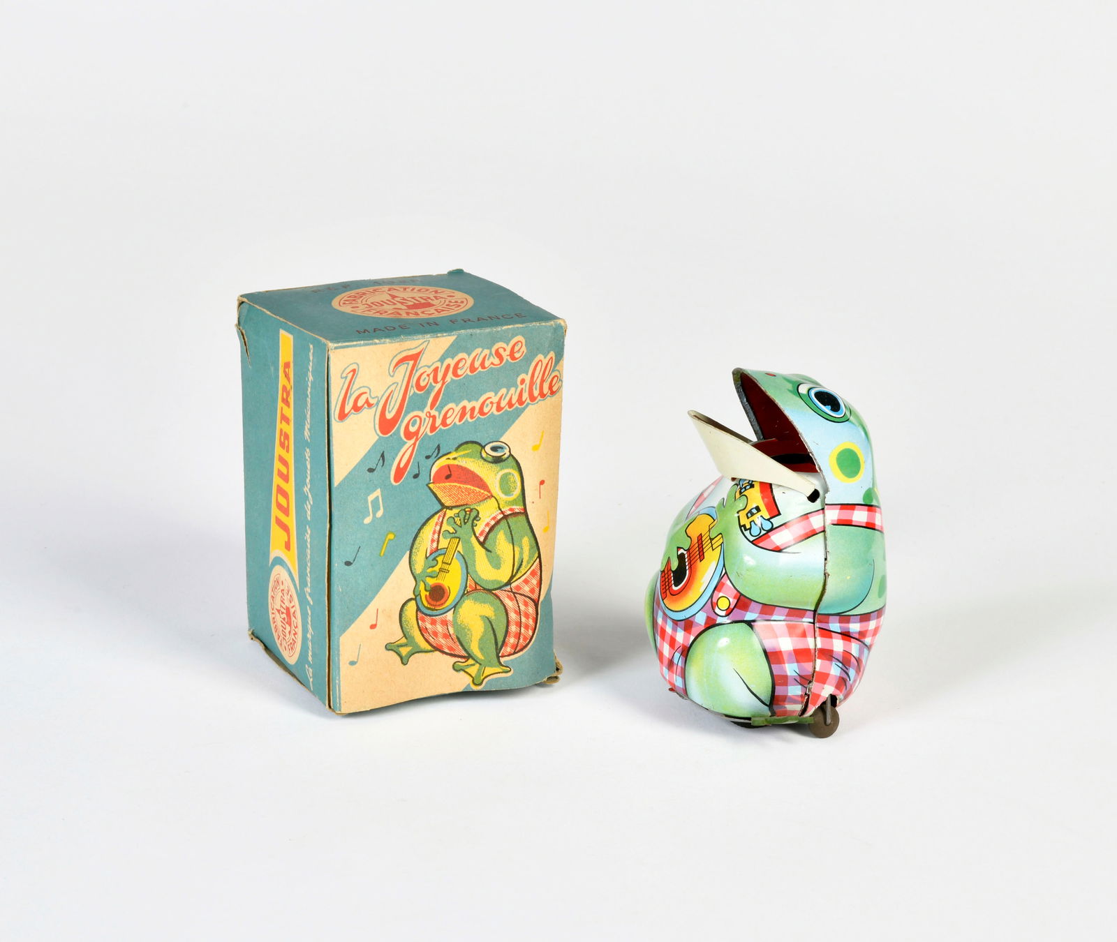 Joustra, Musizierender Frosch: Joustra, Musizierender Frosch, France, 11 cm, Blech, Friktion ok, min. LM, Okt, Z 2