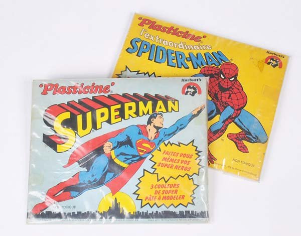 Harbutt's: English: Harbutt's, Figures Superman and Spiderman about 1979, England, plastic, 2 construction kits, original package, condition 1 Deutsch: Harbutt's, Figuren Supermann + Spiderman von 1979, Verpacku