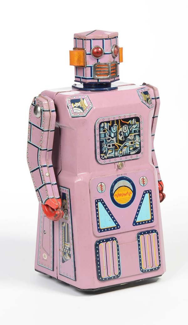 Modern Toys: English: Modern Toys, Lavendel Robot, Japan, tin, battery drive ok, partially repainted, otherwise good condition Deutsch: Modern Toys, Lavendel Robot, 38 cm, Japan, Blech, Elektroantrieb ok, teilweis
