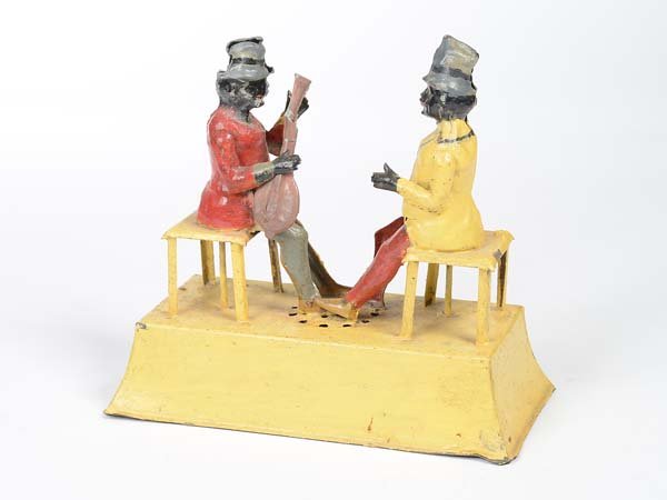Guenthermann: English: Guenthermann, 2 Musicians, Germany prewar, music - windup ok, repainted, functions ? Deutsch: Günthermann, 2 Musiker, 21 cm, Germany VK, Musikwerk ok, übermalt, Funktionen ?, (3600)