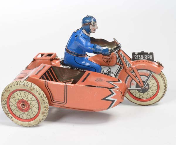 SFA: English: SFA, Motor Bike with sidecar, France, tin, condition 1- Deutsch: SFA, Motorrad mit Beiwagen, 17 cm, Frankreich, Blech, Z 1- (3387)