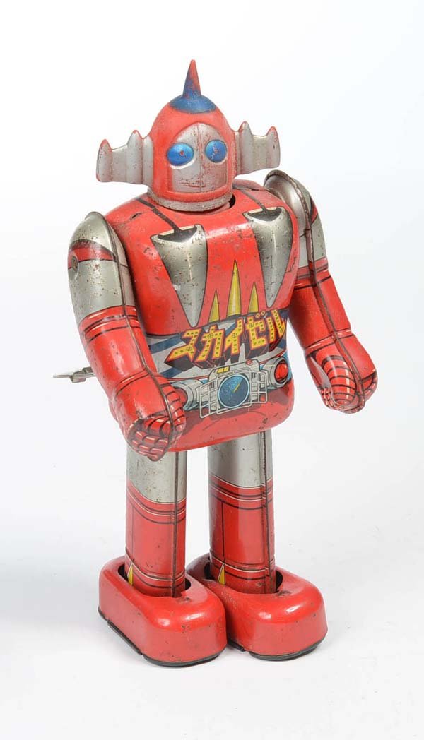Shogun: English: Shogun, Robot, Japan, tin, windup ok, paint damage, condition 3+ Deutsch: Shogun, Roboter, 23 cm, Japan, Blech, Uhrwerk ok, Lackmängel, Z 3+ (3387)