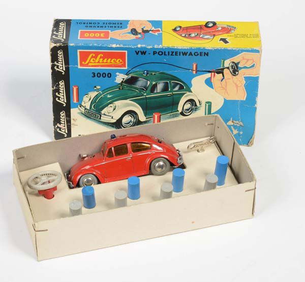 Schuco: English: Schuco, Police VW, Varianto 3040, W.-Germany, tin, windup defect, paint damage, original box condition 2, with accessory, condition 2+ Deutsch: Schuco, Polizei VW, Varianto 3040, 10 cm, W.-Ge