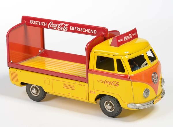 Tipp&Co: English: Tipp&Co, VW Bus Coca-Cola, W.-Germany, tin, friction ok, front bleached out, otherwise very good condition Deutsch: Tipp&Co, VW Bus Coca-Cola, 23 cm, W.-Germany, Blech, Friktion ok, vorne aus