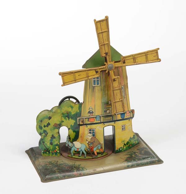 Kraus: English: Kraus, Windmill - Drive Model, Germany prewar, tin, paint damage, condition 2- Deutsch: Kraus, Windmühle - Antriebsmodell, H 22 cm, Germany VK, Blech, Lackmängel, Z 2-, (3593)