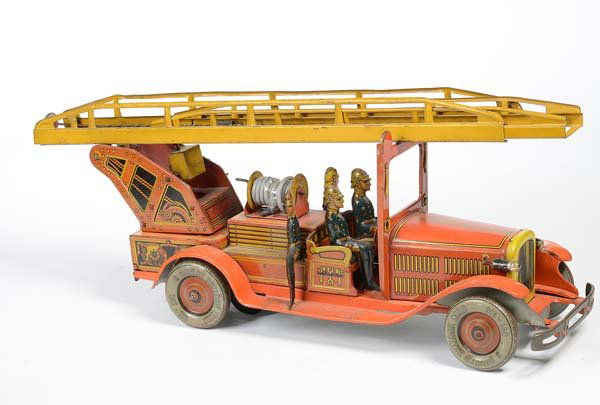 Distler: English: Distler, Big Fire Engine, Germany prewar, tin, wind up ok, paint damage due to age, good original condition, Deutsch: Distler, Große Feuerwehr, 60 cm, Germany VK, Blech, Uhrwerk ok, altersbe