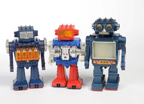 Horikawa: English: Horikawa, 3 Robots, Japan, plastic, functions not checked, one battery case cover loose, condition 1-/2- Deutsch: Horikawa, 3 Roboter, 22-25 cm, Japan, Kunststoff, Funktionen nicht geprüft, 