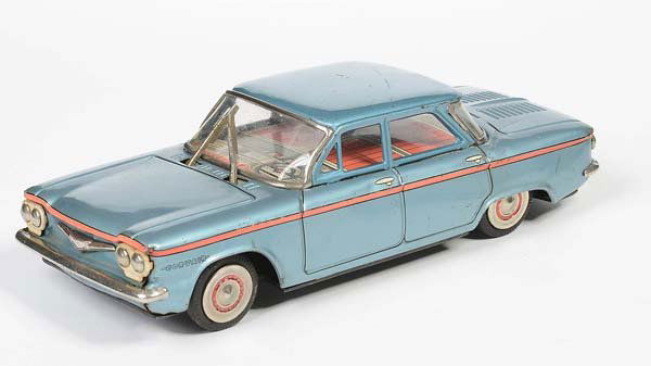 Yonezawa: English: Yonezawa, Chevrolet Corvair, Japan, tin, friction ok, paint damage, condition 2- Deutsch: Yonezawa, Chevrolet Corvair, 22 cm, Japan, Blech, Friktion ok, Lackmängel, Z 2-, (3592)