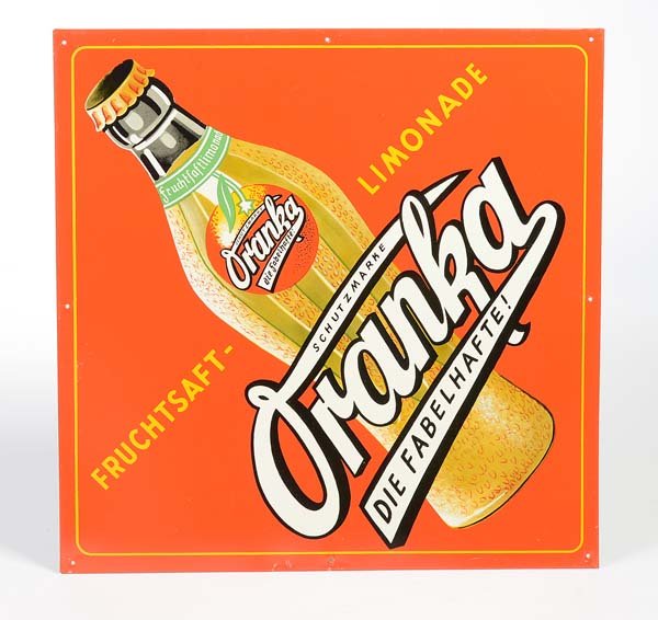 Tin-plate Sign: English: Tin Sign Oranka Limonade, flat, from the 50s, some scratches on the edge, otherwise good condition 1 Deutsch: Blechschild Oranka Limonade, 40 x 40cm, flach, 50er, ein paar Kratzer am Rand, so