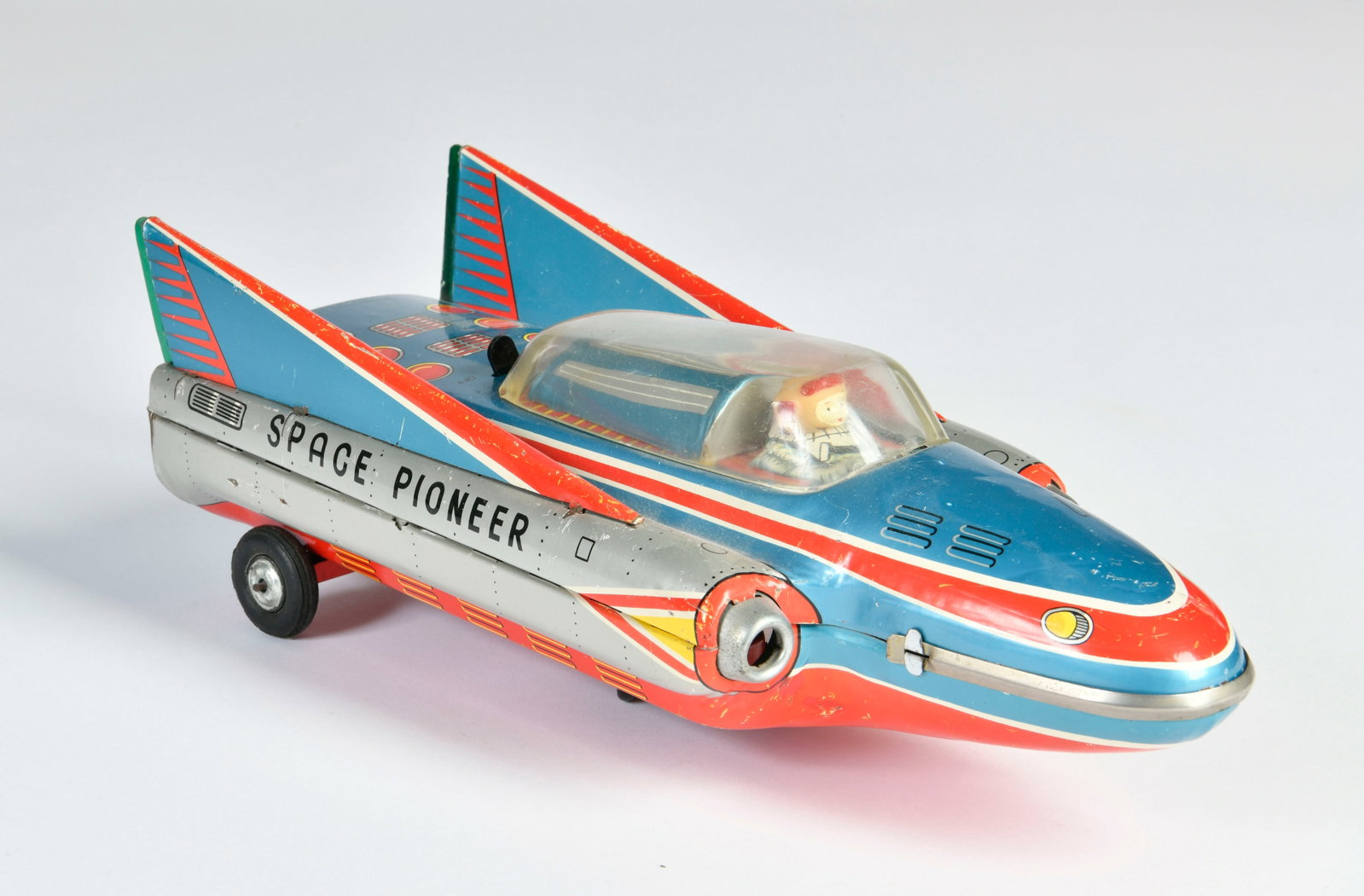 Masudaya, Space Pioneer: Masudaya, Space Pioneer, Japan, 30 cm, Blech, Bat. Antrieb ok, Batteriefach min. rostig, Z 2-