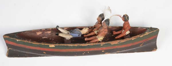 Wooden Boat: English:Wooden Boat with 4 figures, paint damage, before 1900, condition 3+ Deutsch:Holzboot mit 4 Figuren, 26 cm, Lackmängel, vor 1900, Z 3+, (2411)