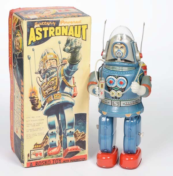 Nomura/Rosko: English:Nomura/Rosko, "Astronaut", Japan, tin, battery drive ok, original box condition 2, minimal cracks in plexiglass helmet, otherwise perfect condition Deutsch:Nomura/Rosko, "Astronaut", 34 cm, Ja
