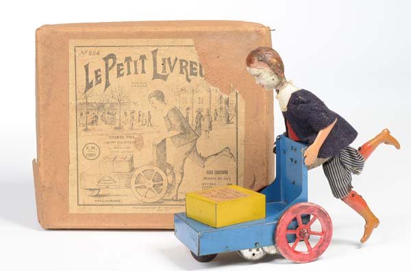 Martin: English:Martin, Servant with trolley, France, tin, windup ok, minimal paint damage, original box condition 2- (Coverpicture : 1 edge is missing), around 1920, condition 2 Deutsch:Martin, Dienstbote mi