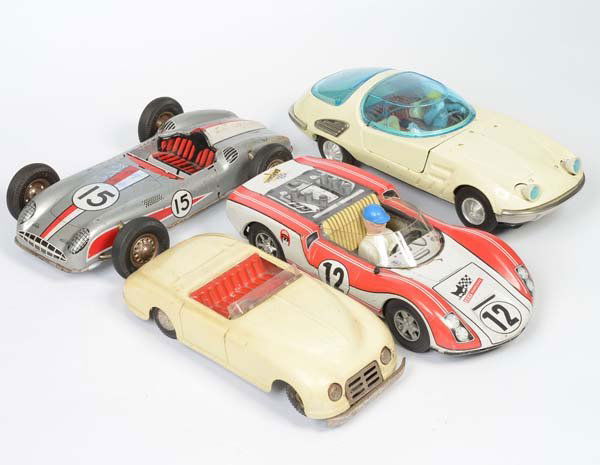 Joustra: English:Joustra a.o., 4 Cars for Restoration, tin, condition 4 Deutsch:Joustra u.a., 4 Autos zum Restaurieren, 28/31 cm, Blech, Z 4, (2411)