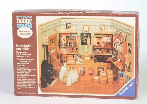 Ravensburger: English:Ravensburger, Construction Kit "Kramladen", W.-Germany, mixed material, wood, original box condition 2, condition 1 Deutsch:Ravensburger, Bausatz "Kramladen", Box 30x43 cm, W.-Germany, Gemisch
