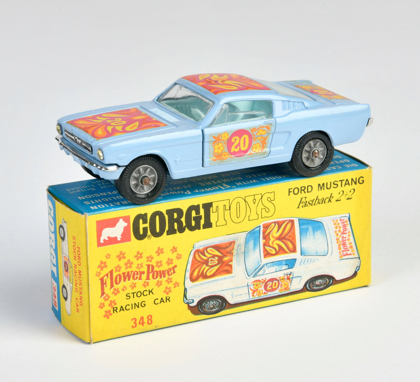 Corgi Toys, 248 Ford Mustang: Corgi Toys, 248 Ford Mustang, Flower Power, England, 1:43, Druckguss, Okt Z 1, mit Club Prospekt, Z 1