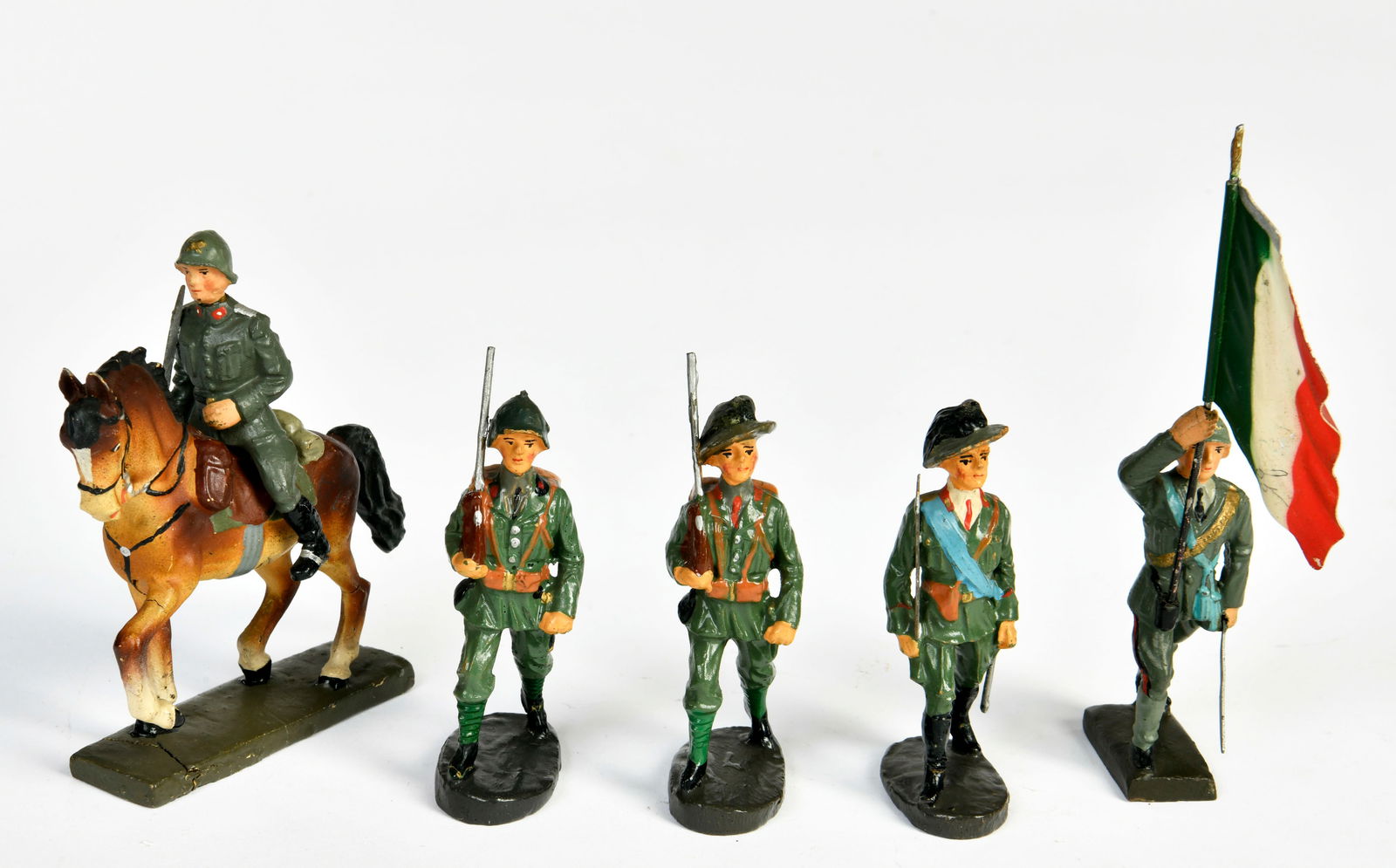Elastolin, Lineol, 5 italienische Soldaten, u.a. Offizier zu Pferd und Fahnentrager (1 of 1)