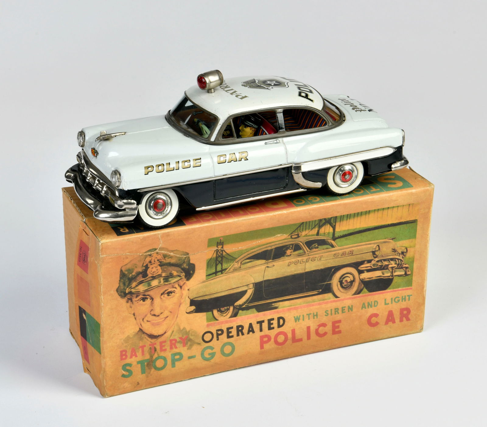 Marusan, Chevrolet Bel Air Police: Marusan, Chevrolet Bel Air Police, Japan, 28 cm, Blech, Bat. Antrieb ok, Reprobox, Z 1-2