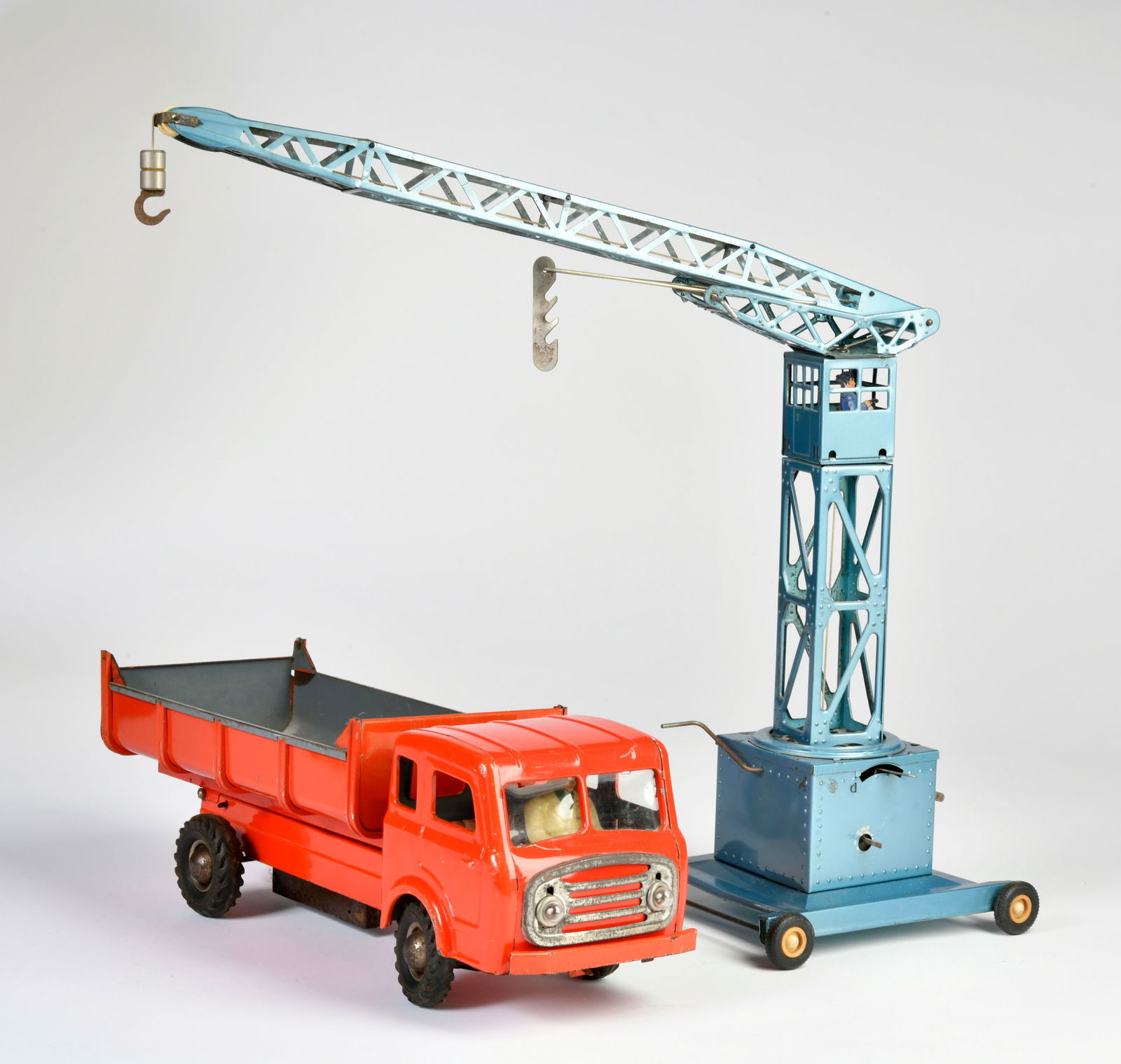 Joustra, LKW & Kran: Joustra, truck & crane, France, 38 - 42 cm, tin, cw ok, paint d., C 2-3