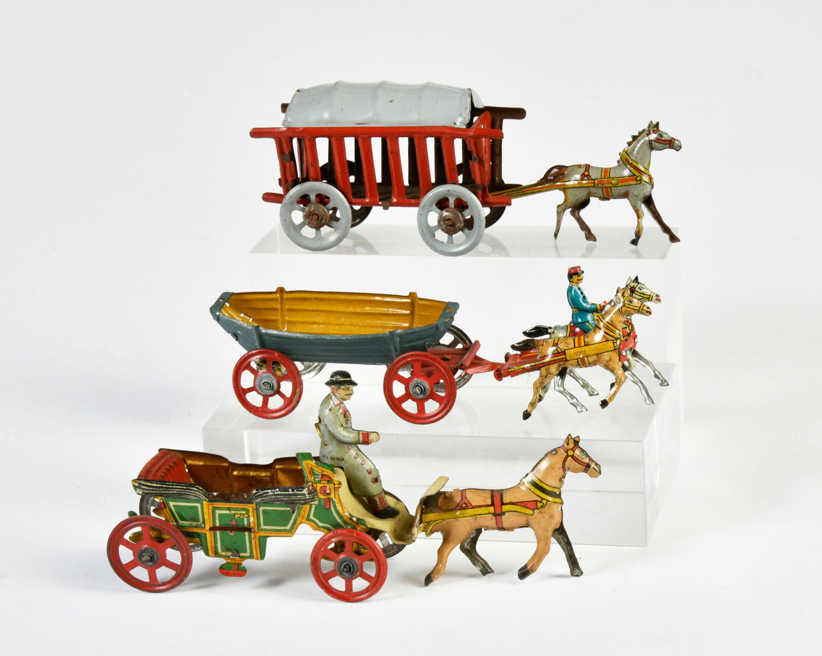 3 Penny Toy Kutschen: 3 Penny Toy carriages, Germany pw, 10-13 cm, paint d., C 2-3