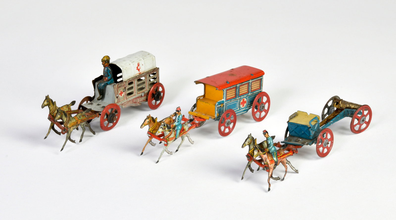 3 Penny Toy Kutschen: 3 Penny Toy carriages, Germany pw, 11-12 cm, paint d., C 2-3