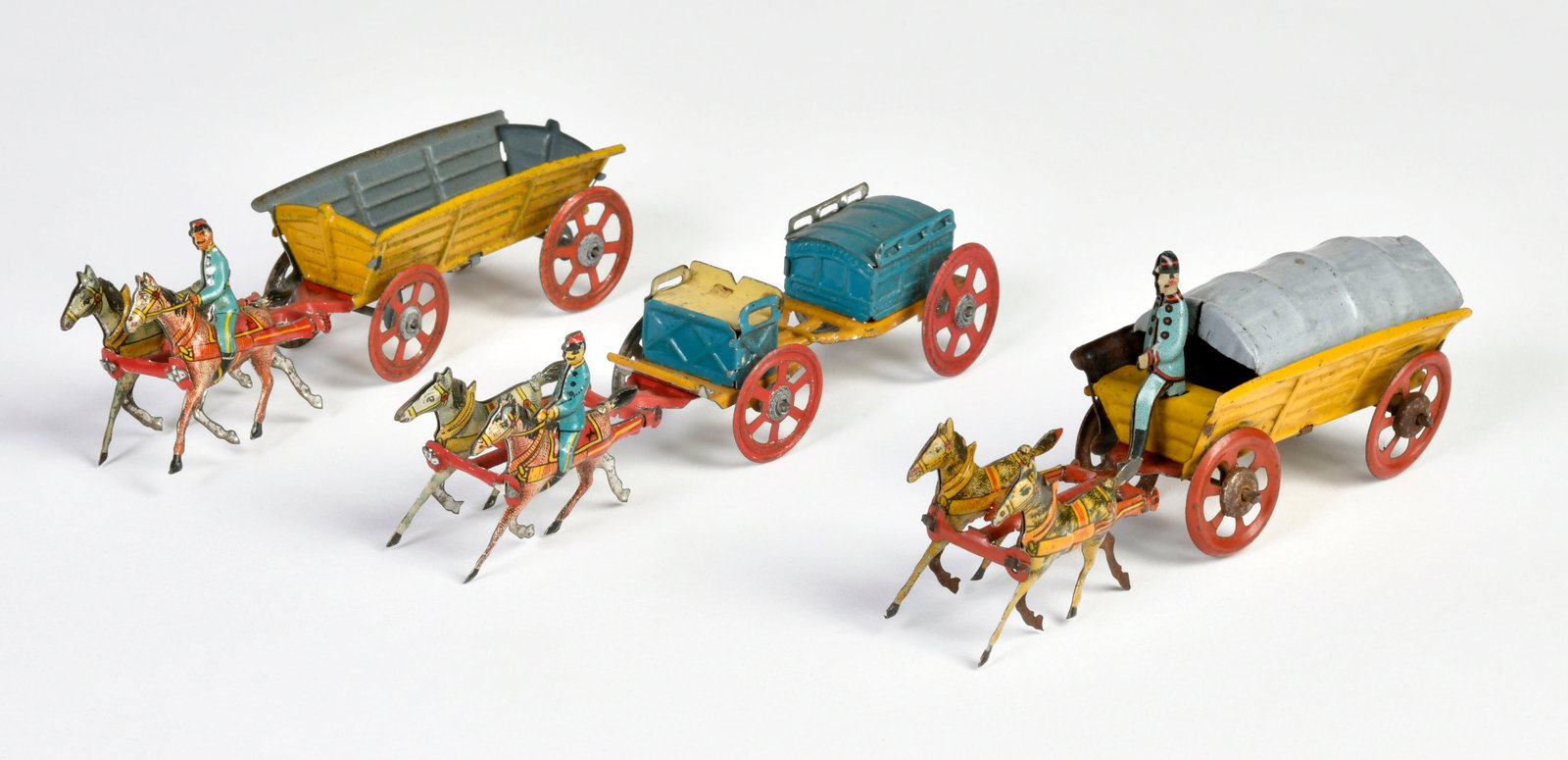 3 Penny Toy Kutschen: 3 Penny Toy carriages, Germany pw, 11-12 cm, paint d., C 2