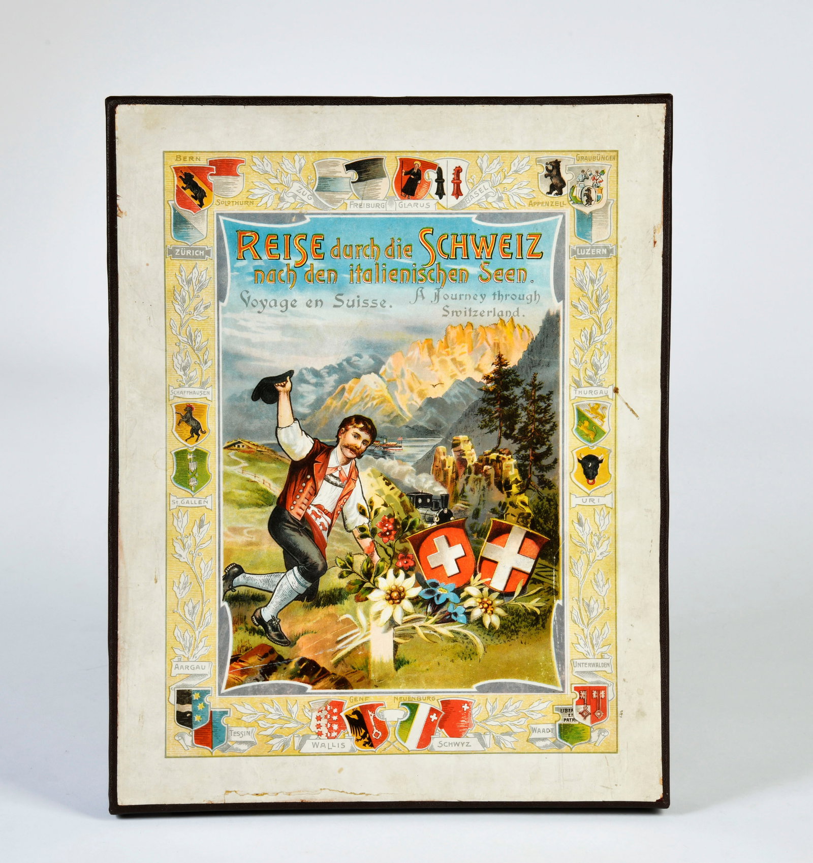 Gustav Weise, Reise durch die Schweiz nach den italienischen Seen: Gustav Weise, A journey through Switzerland, dice game No. 576 with original tin figures, Germany around 1910, 32,5 x 41,5 cm, box (partly restored), C 1-