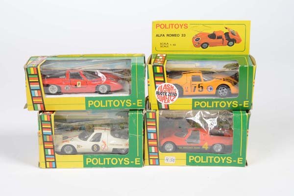 Politoys: English:Politoys, 4 Sports Cars, Italy, 1:43, original box condition 2/3, condition 1-/2- Deutsch:Politoys, 4 Sportwagen, 1:43, Italy, Okt Z 2/3, Z 1-/2-, (3702)