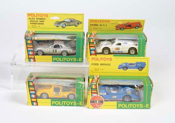 Politoys: English:Politoys, 4 Sports Cars, Italy, 1:43, diecast, original box condition 1-/2-, condition 1-/2- Deutsch:Politoys, 4 Sportwagen, 1:43, Italy, Druckguss, Okt Z 1-/2-, Z 1-/2-, (3702)