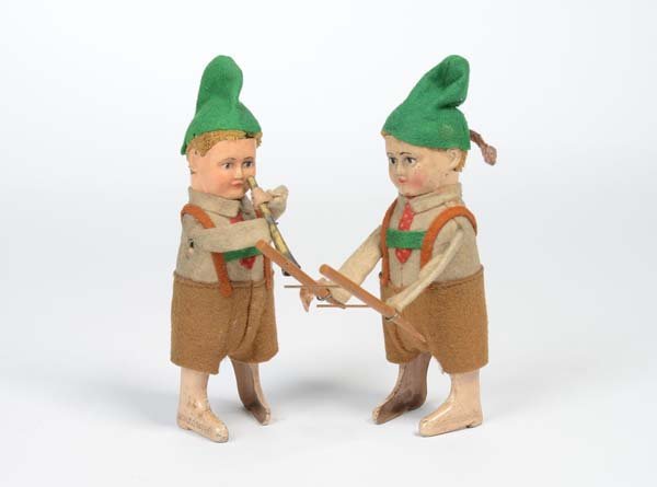 Schuco: English:Schuco, 2 Dancing Figures: Seppl with Ladder + Seppl with Horn, Germany prewar, mixed material, both windups ok, paint damage, condition 2 Deutsch:Schuco, 2 Tanzfiguren: Seppl mit Leiter + Sep