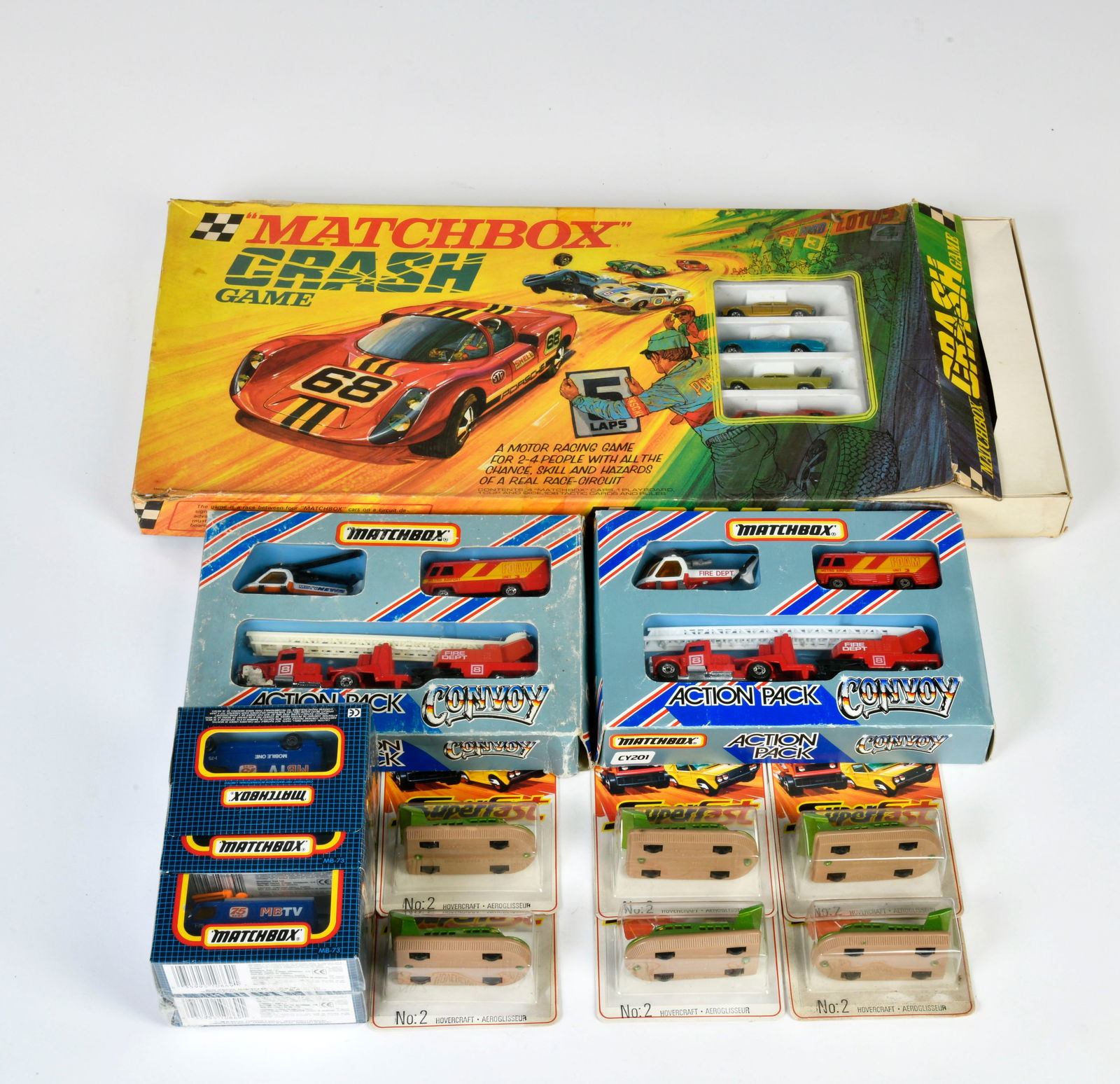 Matchbox, 2x CY201 (MBV & FIRE), MB 73 TV News Truck, Trading Pack Hovercraft & Racing Crash Game (1 of 1)