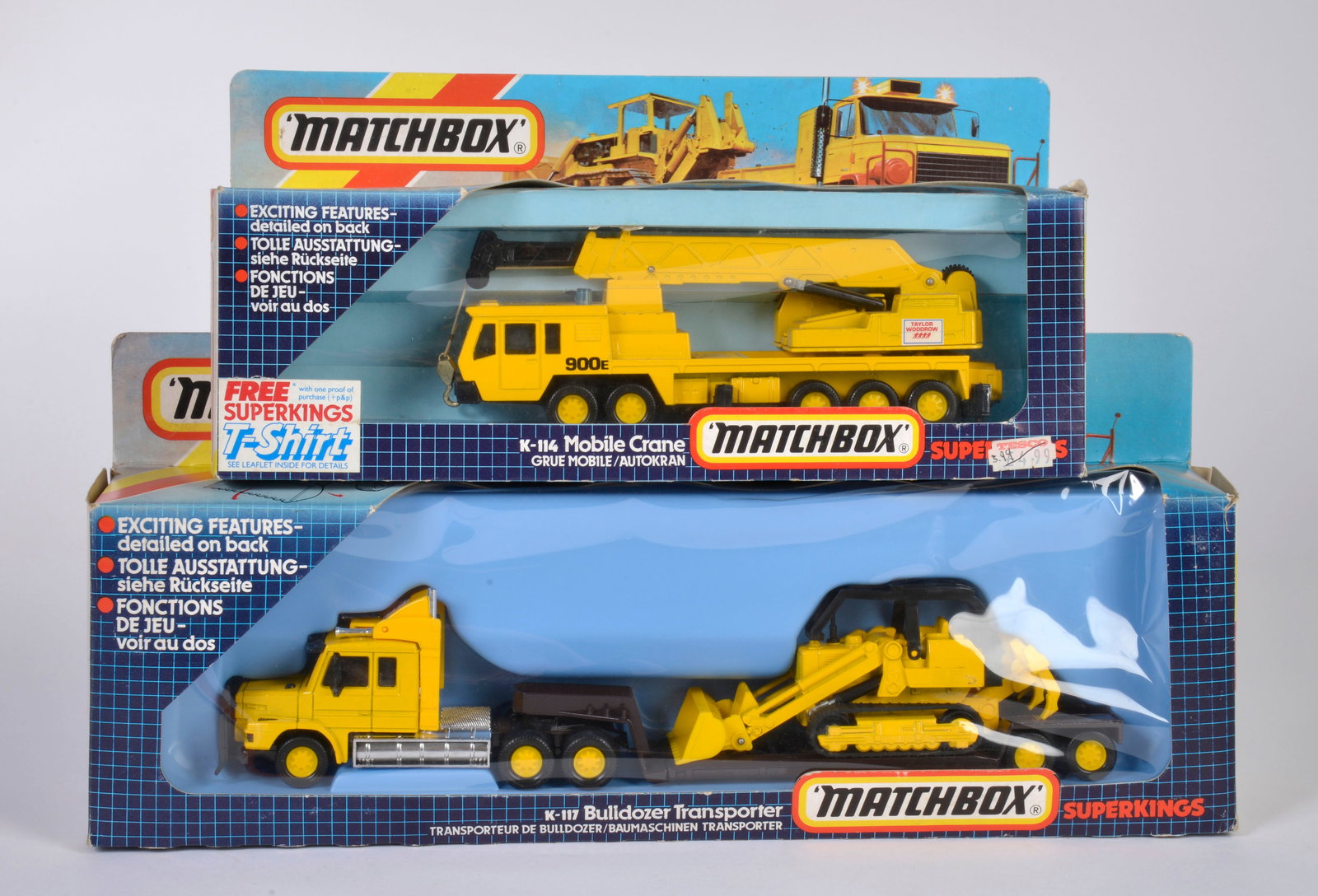 Matchbox, SuperKings, OVP gelb/rot/blau, 1990, K 115 Mercedes Benz 190E, K 114 Mobile Crane, K 117 (1 of 1)
